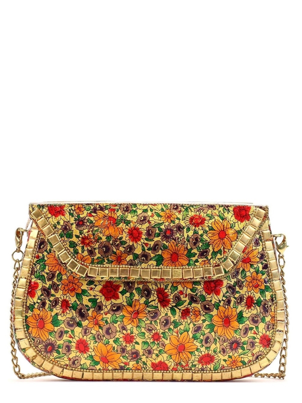 Antik Kraft Gold Floral Embroidered Clutch with Red and Orange Accents